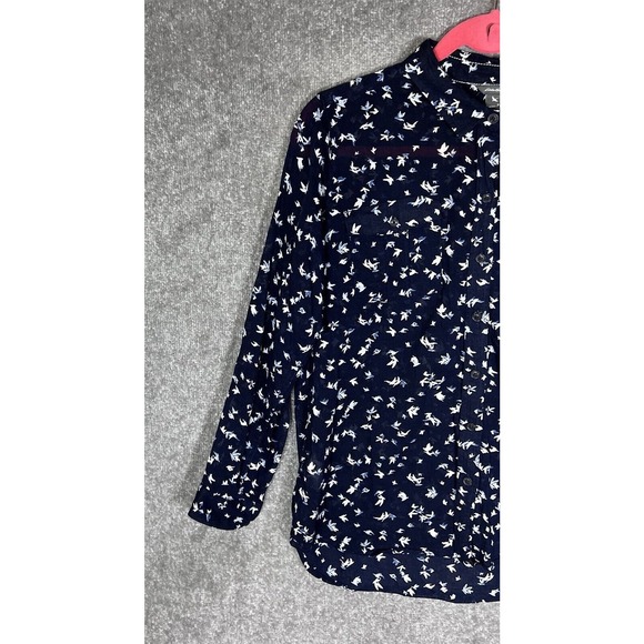 Eddie Bauer Bird Print‎ Crinkle Semi Sheer Button Up Top Womens Size PL Blue - Picture 7 of 11